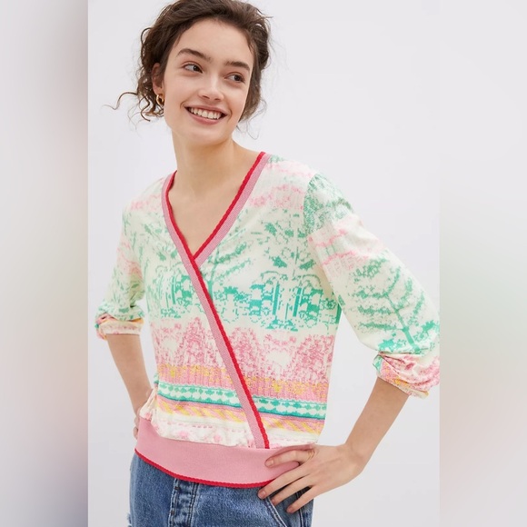 Aldo Martins Anthropologie Andalia Surplice Knit Pink Green Long Sleeve Top S - Picture 2 of 13